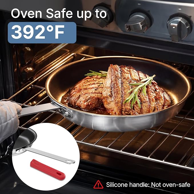 DUMOS 10 Inch Nonstick Frying Pan, Heavy-Gauge Aluminum Skillet with Ceramic Nonstick Coating, Stainless Steel Base & Handle, Omelet Pan for Induction, Electric, Gas, PFAS Free, Oven Safe, Red Handle