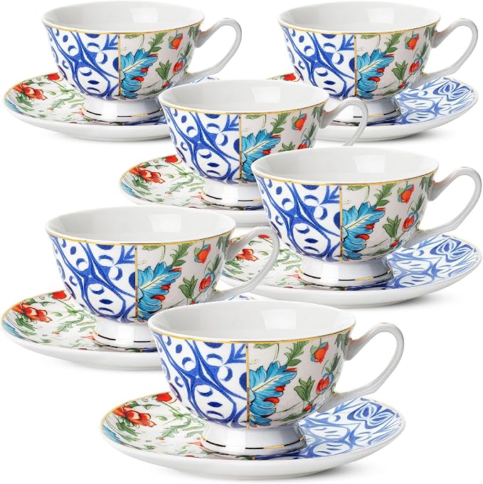 BTaT- Floral Tea Cups and Saucers, 8 oz, Fine Porcelain Teacup Set with Gold Trim for Afternoon Tea, Weddings, Parties & Gifting, Dishwasher Safe, Lightweight, Non-Toxic, Set of 6