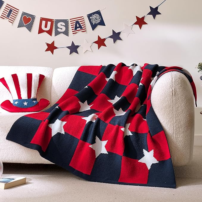 Patriotic Ultra Soft Knit Chenille Throw Blanket - Red White Blue Stars American Flag Pattern Cozy Blankets for Couch, 4th of July Memorial Independence Day Gifts, 50"x60", Red&Blue