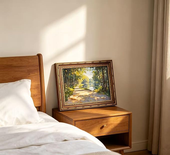 Vintage Gold Framed Canvas Wall Art Sunshine Forest Impressionist Landscape Painting Picture Wall Decor Spring Summer Green River Nature Scenery Poster Print Artwork for Living Room Bedroom