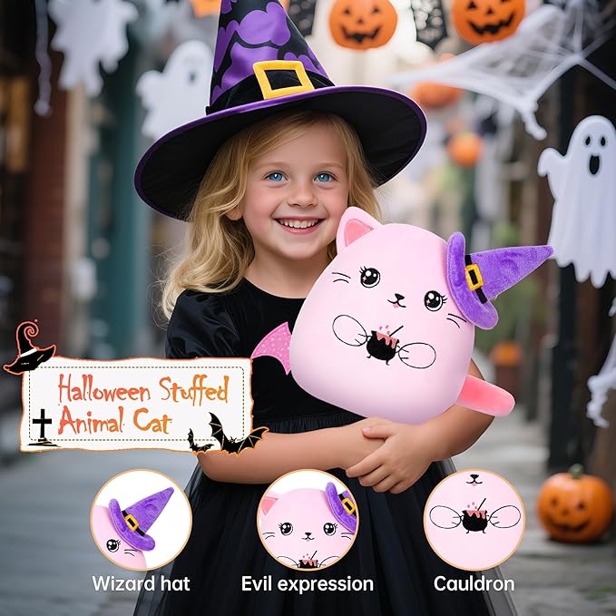 Halloween Plush Cat Stuffed Animal – Pink Cat Plush Halloween Decoration Costume Companion Cute Witch Accessory Kids Family Party Favors 10 Inch