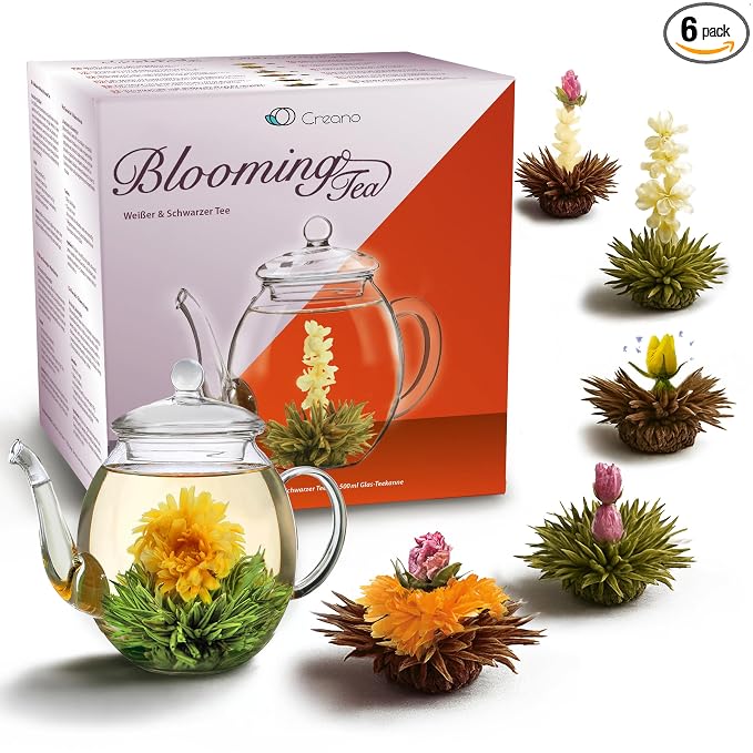 Creano Blooming Tea Gift Set with Glass Pot 17oz/500ml with 6 Flowering-Tea each 3pcs White & Black Tea