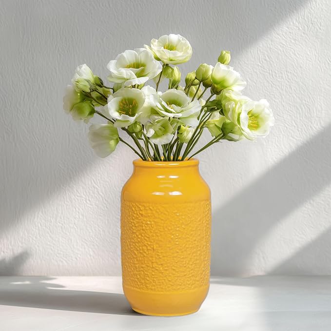9 Inch Yellow Ceramic Vase for Flowers - Textured Mustard Round Cylinder Flower Vase - Modern Decorative Pottery - Boho Home Decor Centerpiece for Table, Bookshelf, Mantle, Fall Decoration
