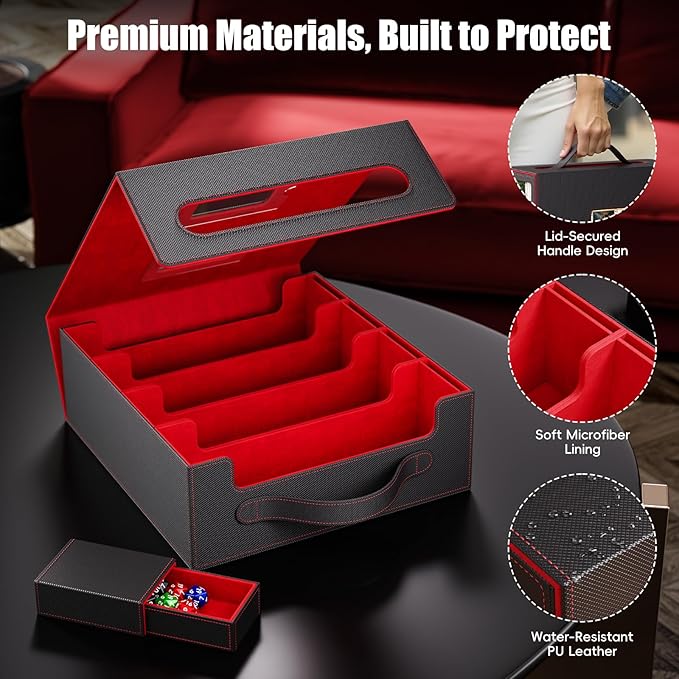 Trading Card Storage Box – 3500+ Magnetic MTG Deck Box with Handle,Commander & Toploader Display, Dice Box,4 Dividers & 30 Color Labels – Fits for TCG,MTG,Yu-Gi-Oh and Sport cards(Black/Red)
