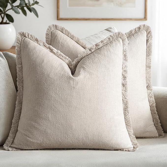 MIULEE Linen Fringe Decorative Throw Pillow Covers Natural Beige 20x20 | Set of 2, Cottagecore Decor, Boho Farmhouse Neutral Pillow Covers, Rustic Couch Cushion Cases for Sofa Bed Living Room
