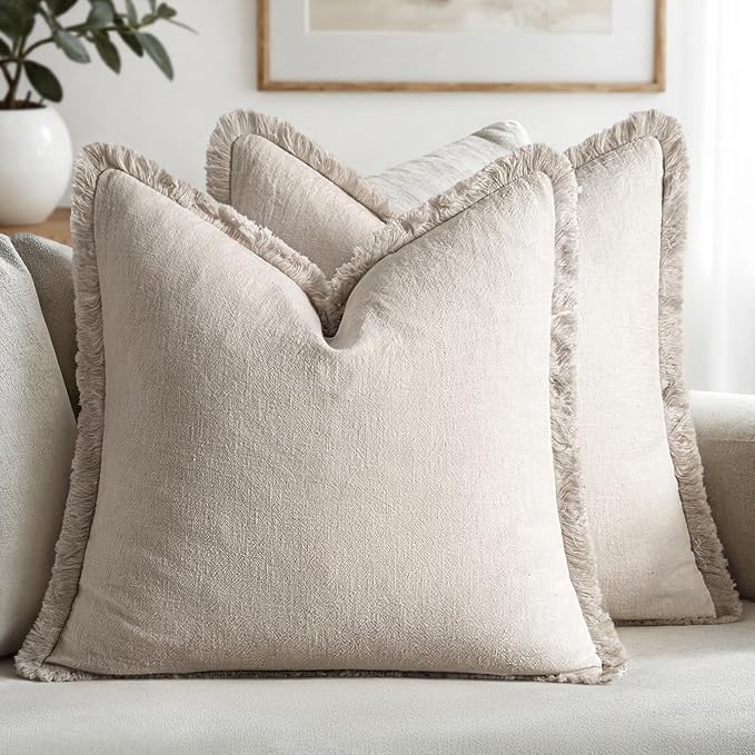 MIULEE Linen Fringe Decorative Throw Pillow Covers Natural Beige 16x16 | Set of 2, Cottagecore Decor, Boho Farmhouse Neutral Pillow Covers, Rustic Couch Cushion Cases for Sofa Bed Living Room