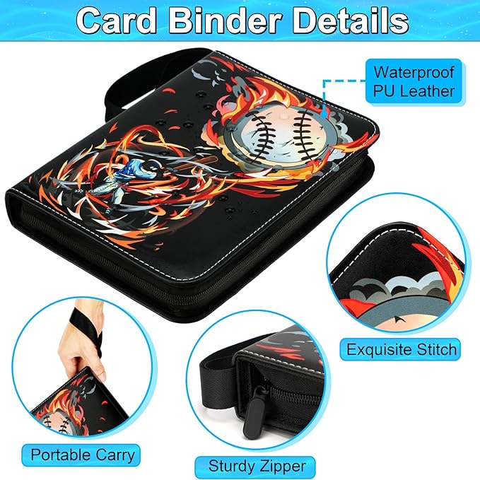 Baseball Card Binder, 400 Pocket Baseball Card Holder with 50 Removable Sleeves, Creative Design Zipper Sports Card Binder Sheets Display Storage for Collectors Boys and Girls Gift (RED 400 CARD)