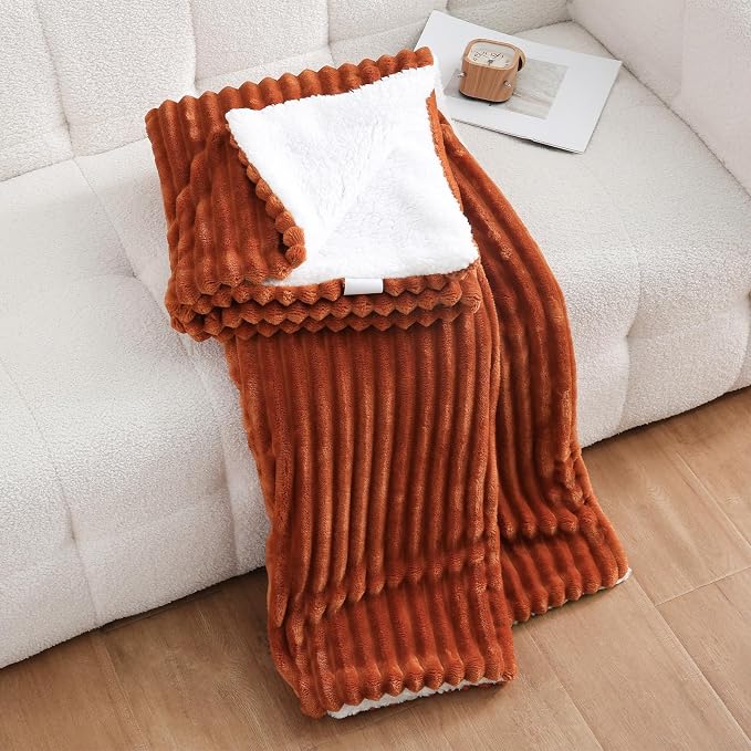 Burnt Orange Sherpa Fleece Throw Blanket 90”×90”for Couch Sofa Bed | Double Side Soft Fuzzy Cozy Plush Thick Flannel Blanket with Striped Design Gift for Adults,Woman