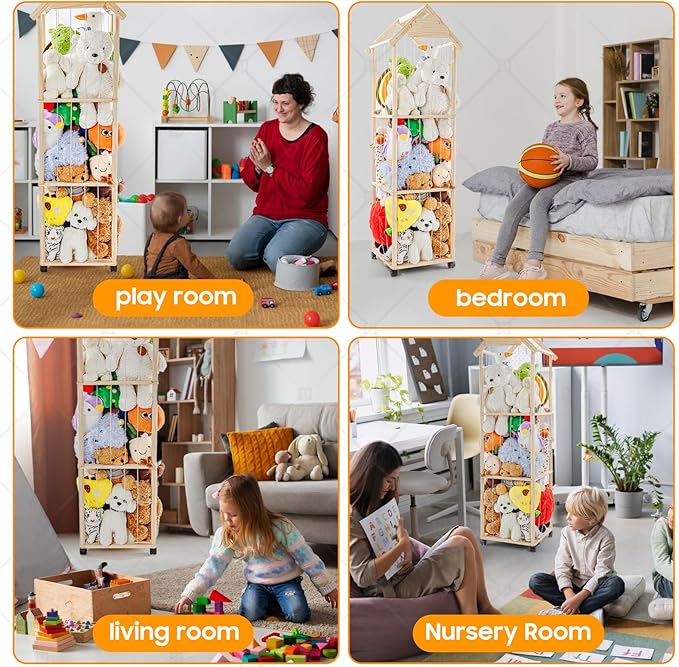 Stuffed Animal Storage,Stuff Animal Organizer Display Wood Zoo Animals Toy Holder with Length Adjustable,360° Swivel Wheels Simple Installation for Nursery Play Room Bedroom