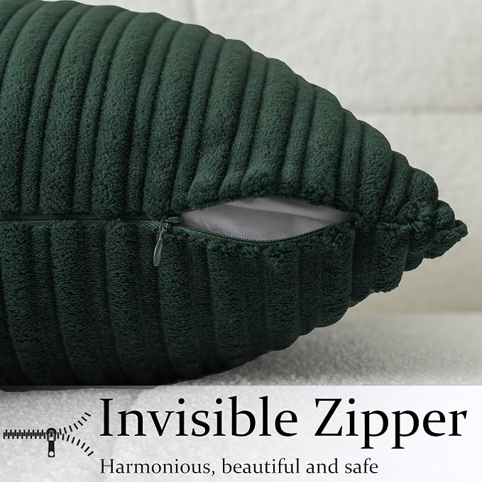 UGASA Velvet 20x20 Inch Soft Throw Pillow Cover Decorative Striped Corduroy Both Sides Solid Square Cushion Case Boho Farmhouse for Couch Bedroom Sofa Home, 1 Piece, New-Dark Green