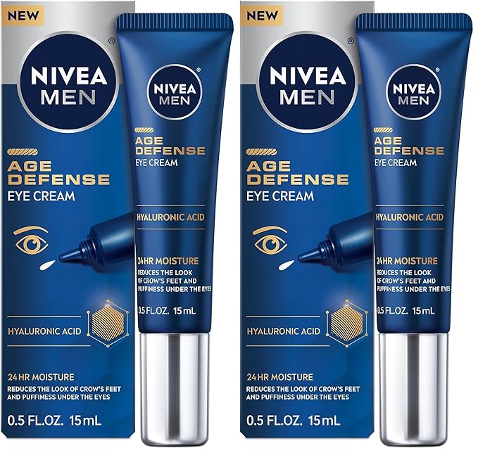 NIVEA MEN Age Defense Eye Cream with Hyaluronic Acid,24-Hour Hydrating Under Eye Cream for Men Helps Reduce Look of Crow's Feet,Fine Lines and Dark Circles,0.5 Fl Oz Tube,(Pack of 2)