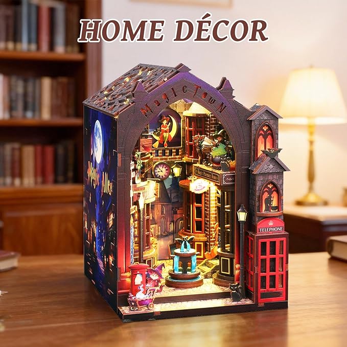 Foyucool Book Nook Kits for Adults, Magic Alley DIY Book Nook Kit, 3D booknook Craft Kits Bookshelf Insert with Sensor LED Light, Creative Craft Gift for Adults & Teens