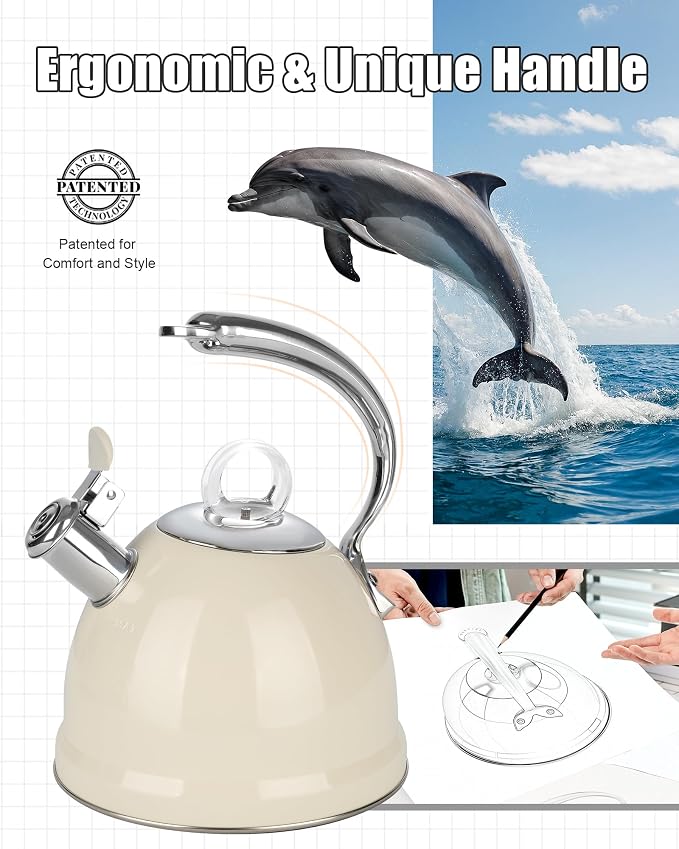 Harriet Tea Kettle Stovetop, 2.5 Quart Whistling Stainless Steel Tea Pot, 3-Layer Base, Unique Ergonomic Handle, Includes Pot Holder & Mat, Electric/Induction/Gas Stovetops Applicable, Beige White