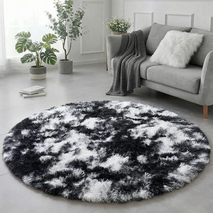 Amdrebio Black White Grey Round Rug 5Ft Circle Area Rugs for Living Room Bedroom, Fluffy Fuzzy Shaggy Furry Rugs for Kids Room Dorm Home Office, Shag Plush Floor Modern Cool Carpet for Men Teen Boys