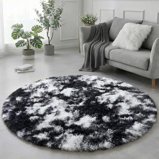 Amdrebio Black White Grey Round Rug 4Ft Circle Area Rugs for Bedroom Living Room, Fluffy Fuzzy Shaggy Furry Rugs for Kids Room Dorm Home Office, Shag Plush Floor Modern Cool Carpet for Men Teen Boys