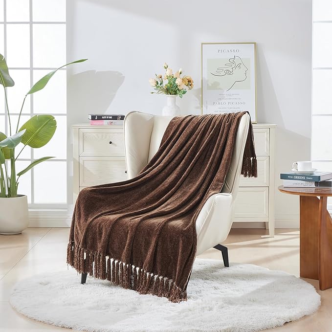 CozeCube Chenille Throw Blanket, Dark Brown Fringe Blanket, 60"X80" | For Couch, Cozy Plush Fuzzy Decorative Blanket with Fringe Tassels, Lightweight Throws for Bed Sofa Gift Home Decor