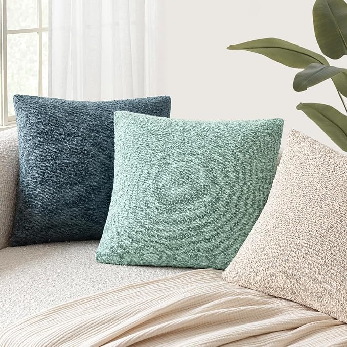 Foindtower Pack of 2, Decorative Textured Boucle Throw Pillow Covers Neutral Accent Solid Pillow Cases Cozy Soft Couch Cushion Case for Chair Sofa Bedroom Living Room Home Decor 22x22 Inch Aqua Blue
