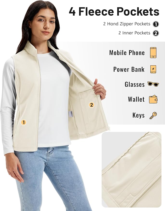 TACVASEN Women's Fleece Vest Lightweight Sleeveless Zip Jacket Outerwear | Soft Polar,Zipper Pockets,Stand Collar,Fall Winter Warm,Outdoor,Athletic,Running,Hiking,Travelling,Golf,Work