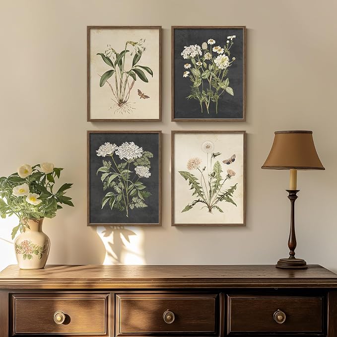 Framed Vintage Botanical Floral Wall Art for Bathroom, 4 Piece 8x10 In | Farmhouse wall decor, Flower pictures, Rustic retro paintings, Ready to hang canvas prints, Kitchen bedroom home decor