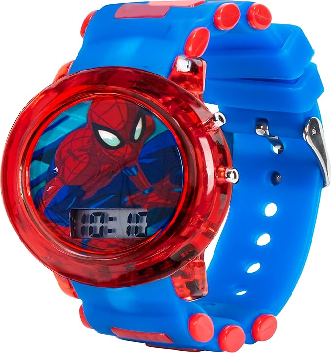Marvel Spider-Man Kids' LCD Watch – Flashing LED Bullet Band, Digital Time Display, Red & Blue Design, Durable Plastic Case, Adjustable Silicone Strap – Fits Wrists 5.5" to 8"