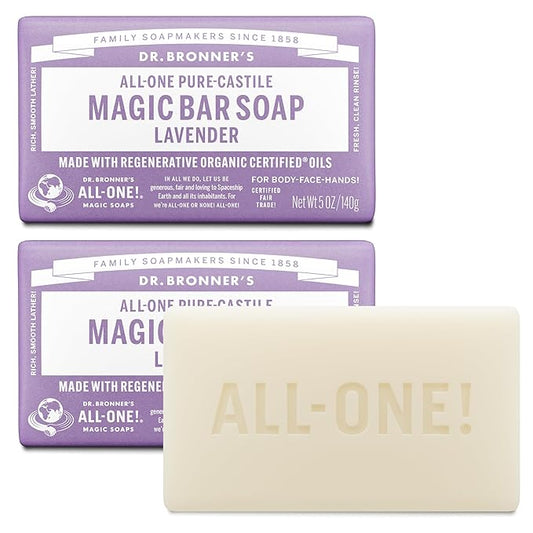 Dr. Bronner's Pure-Castile Magic Bar Soap - Made with Regenerative Organic Certified Oils - For Face, Body, Hair- Gentle on Sensitive Skin - Vegan Soap Bars for Men & Women - Lavender, 2 Pack, 5oz