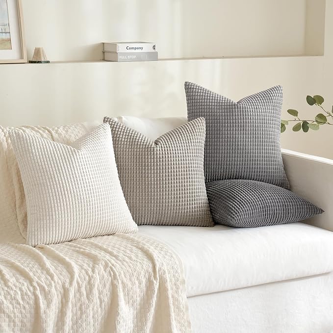 MIULEE Neutral Decorative Pillow Covers 18x18 Inch Set of 4 Modern Grey | Timeless Mid Century Throw Pillows, Rustic Corduroy Couch Pillowcases, Nordic Home Decor for Sofa Living Room Bed