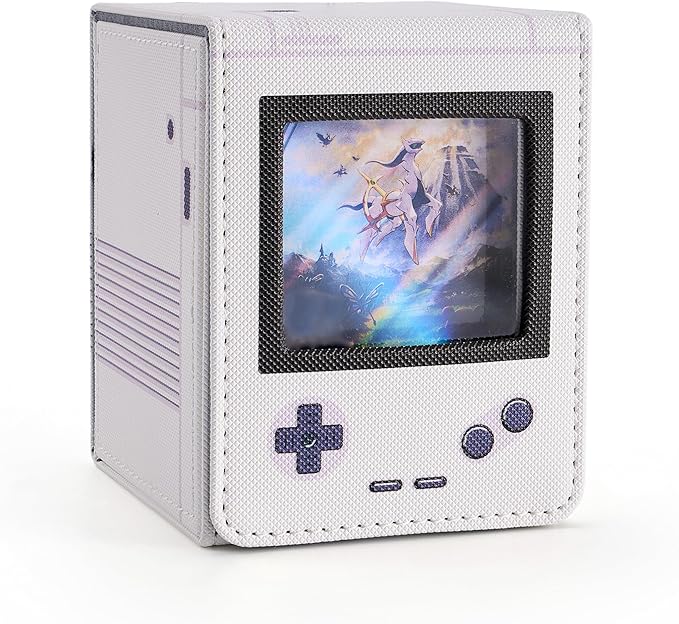 Retro Gaming Console Appearance MTG Deck Box with Commander Display, Card Deck Case Fit 120 Single Sleeved Cards, PU Leather Magnetic Card Storage Box with 2 Dividers, Compatible with TCG/PTCG (White)