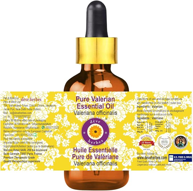 Deve Herbes Pure Valerian Essential Oil (Valeriana officinalis) with Glass Dropper Steam Distilled 15ml (0.50 oz)