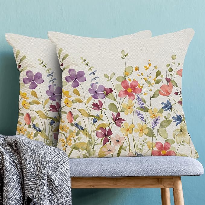 AEIOAE Spring Pillow Covers 16x16 Inch Set of 2, Colorful Wild Flower Leaves Plant Throw Pillows Case,Seasonal Floral Outdoor Decorative Farmhouse Decor Cushion Covers for Home Sofa Bed Couch