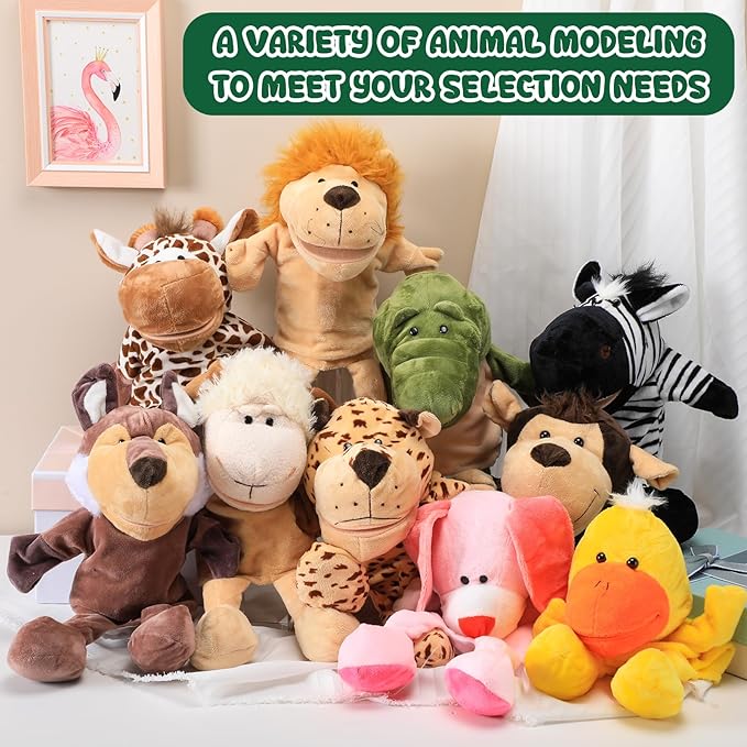 Wettarn 10 Pcs Animal Hand Puppets 12 Inch Soft Plush Plush Puppets Lion Orangutan Giraffe Tiger Pig Elephant Hand Puppets for Boys and Girls Storytelling, Teaching, Role Playing(Funny Style)