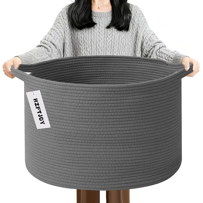 65L Large Blanket Basket,Woven Rope Laundry Basket-Dark Grey | Collapsible, reinforced handles, nursery storage bin organizes clothes, toys and pillows for living room, bedroom bathroom.