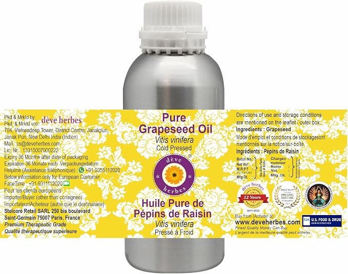 Deve Herbes Pure Grapeseed Oil (Vitis vinifera) 100% Natural Therapeutic Grade Cold Pressed 1250ml (42.2 oz)