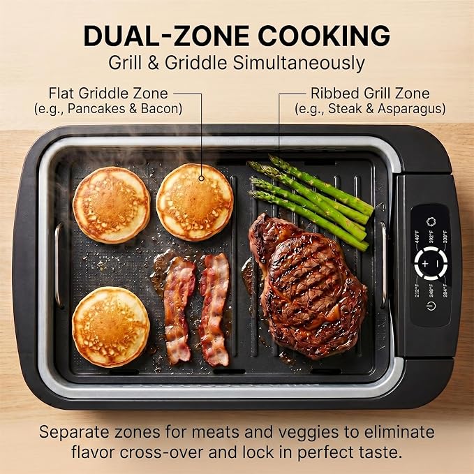 Indoor Smokeless Grill & Griddle 1100W Electric Gill Korean BBQ Smoke Control with Fan Temperature Control Non-Stick Plate with Drain Holes Easy to Clear for Apt Dorm Portable Tabletop 5-Serving