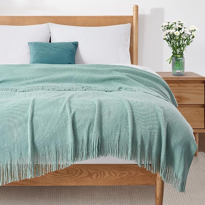 Homiest Light Green Knitted Throw Blanket with Fringe, 50x60 Inch | Pure Acrylic, Lightweight & Breathable, All-Season Use, Machine Washable, Wrinkle & Fade Resistant, for Couch Sofa And Bed
