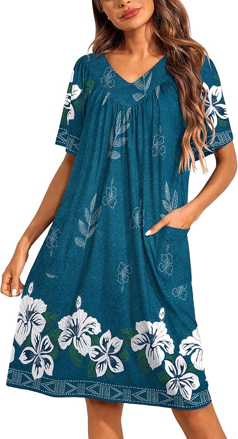 Ekouaer Womens House Dress Floral Print Nightgown with Pockets Mumu Dress