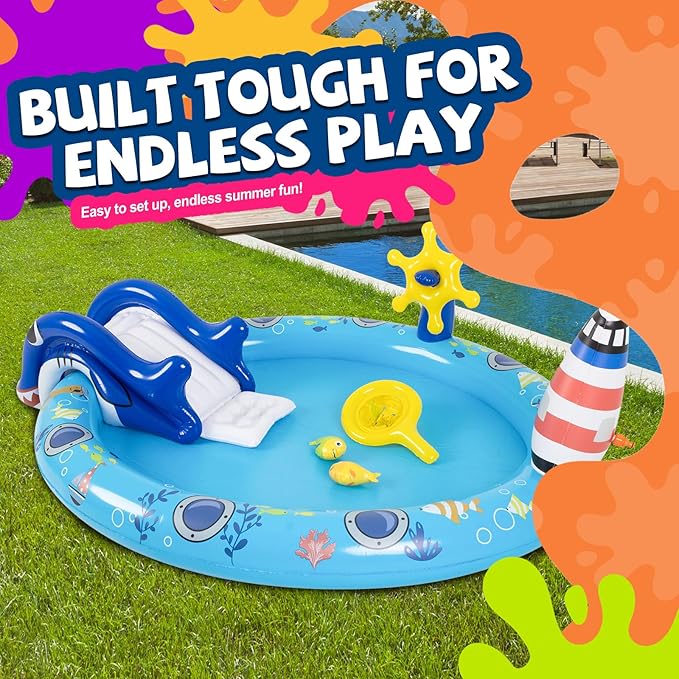 DIMAR GARDEN Inflatable Kids Swimming Pool Water Slide, Round Spray Pool Play Center, Blue