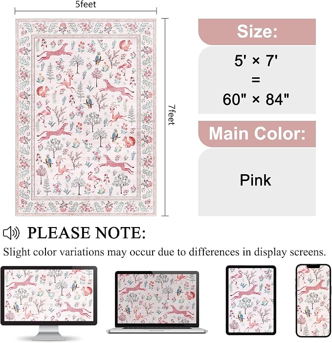 DUKINO 5x7 Area Rugs, Washable Animal Rug for Living Room Non Slip, Pink | Low Pile, Soft Indoor Carpet for Bedroom, Kids Room, Dining Room, Pet Friendly, Farmhouse, Stain Resistant, Non-Shedding