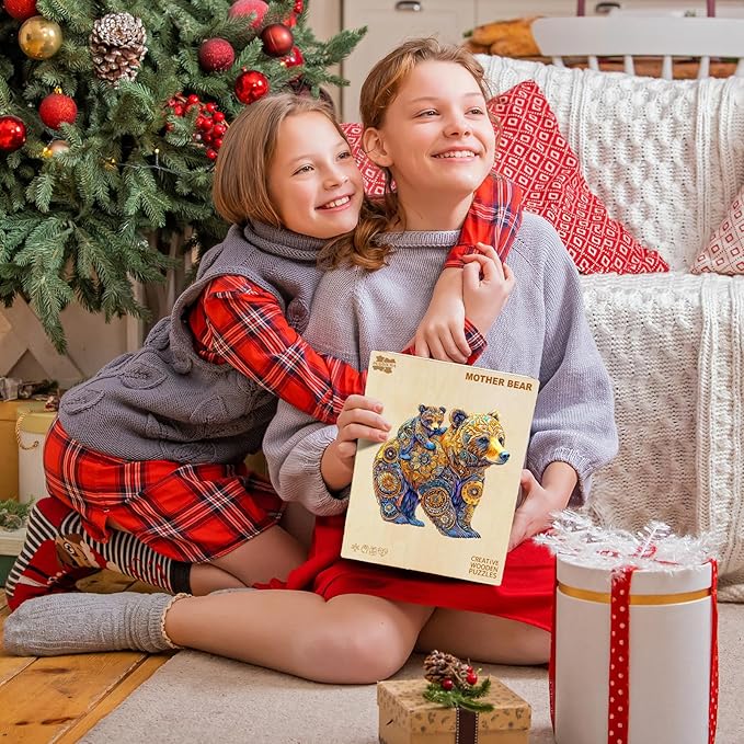 Wooden Puzzles for Adults - Mother Bear Wooden Jigsaw Puzzle, Unique Animal Shaped Wood Puzzles Adult, Christmas Birthday Gifts for Friends/Family, Home Decor 11.4 * 11.2in 200pcs