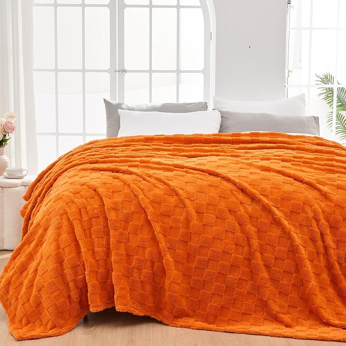 NEWCOSPLAY 3D Checkered Flannel Queen Blanket, Orange Checkered, 90"x90" | Super Soft Cute Lightweight Decorative Premium Silky Fleece Blanket for Couch Sofa Bed, Gift for Women Men, All Season Use