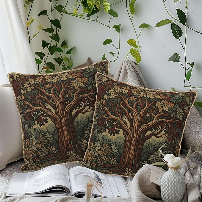 Vintage Forest Tree Velvet Pillow Covers 16x16 Inch Green Retro Tapestry Throw Pillows for Couch Cushion Covers Pillowcase Boho Farmhouse Pillow Cases for Sofa Bed Bedroom
