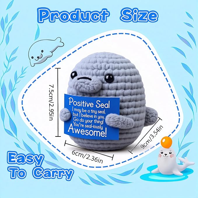 for Women,Men,Mom,Wife, Kids,Friends, Students,Coworkers–Crochet Seal Amigurumi Gift with Pun Card “Seal-iously Awesome”,Handmade Yarn Ornament,Birthday or Holiday Desk Decoration
