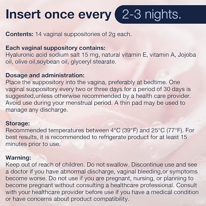 Vaginal Moisturizing Suppositories, 15 mg Hyaluronic Acid with Vitamin A&E, Long-Lasting 72-Hour Hydration, pH-Balanced Formula for Vaginal Dryness, Menopause & Hormonal Changes, 14 Inserts