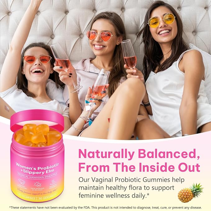 Feminine Probiotics Gummies,With Slippery Elm & Prebiotic Fiber,Probiotic Health Support,PH Balance Gummies for Women,Promotion of Womens Health,Natural Pineapple Flavor,Vegan,Gluten-Free,60 Count