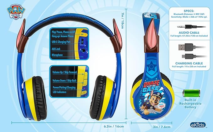 eKids Paw Patrol Chase Bluetooth Headphones for Kids, Wireless Headphones with Microphone Includes Aux Cord, Earphones for School, Home, or Travel (Paw Patrol Chase)