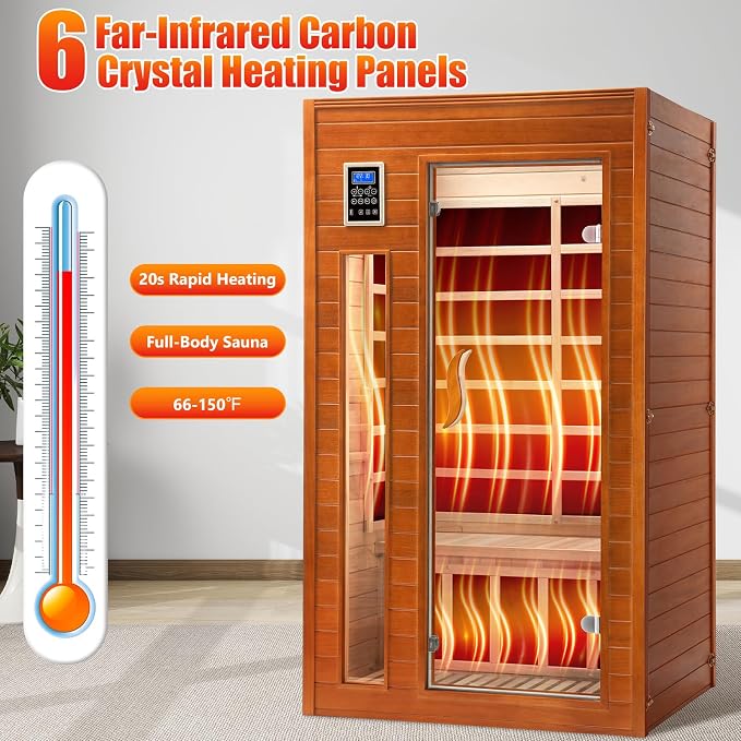 X-Vcak 1-2 Person Infrared Sauna, Dry Heat Sauna with Red Light Therapy, Bluetooth, Radio, 7-Color Therapy Light for Home, Indoor, Gym, Wellness Center, 40″ x 36″ x 73″, Brown