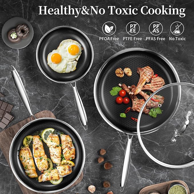 Innerwell 8 Inch Nonstick Frying Pan with Lid, Induction & Oven Safe | Titanium Ceramic Tri-Ply Stainless Steel Hybrid Nonstick Skillet, Stay Cool Handle, Heat Fast and Evenly, PFAS/PFOA/PTFE Free