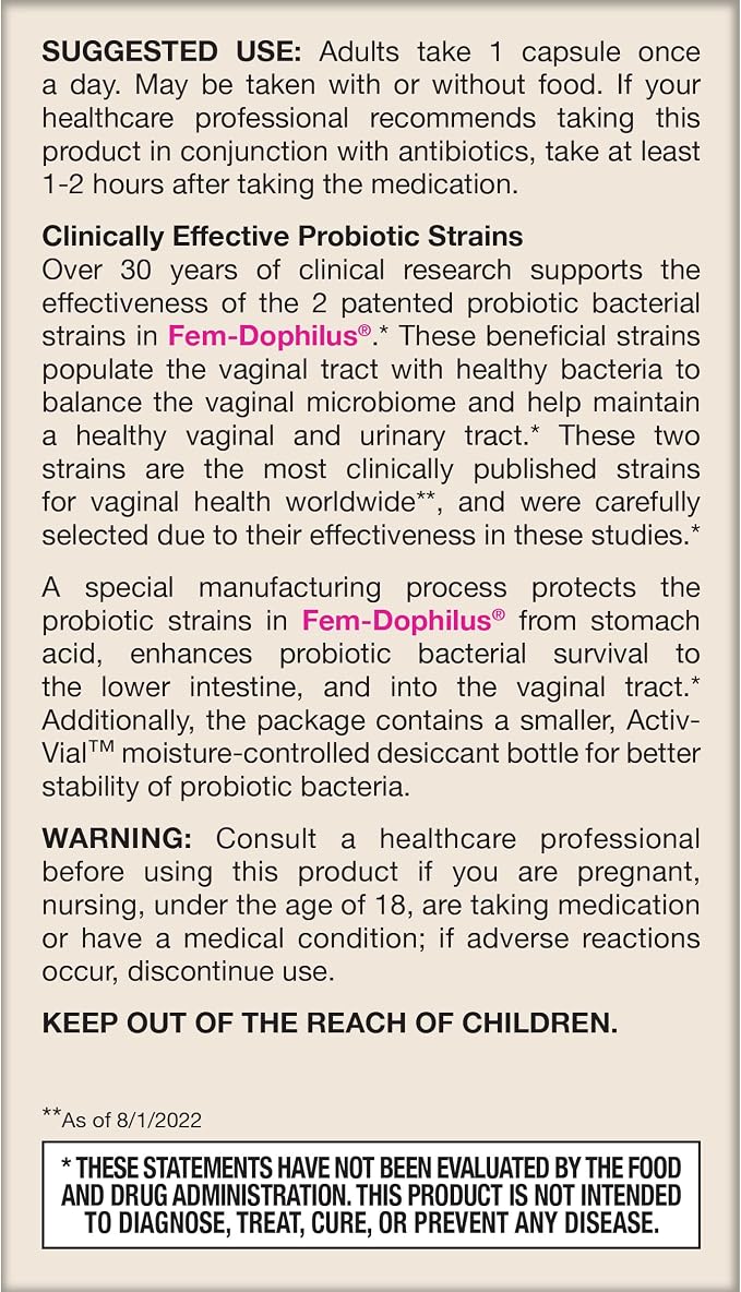 Jarrow Formulas Fem-Dophilus Probiotics 1 Billion CFU with 2 Science-Backed Strains, Dietary Suppl for Vaginal and Urinary Tract Supp,60 Veggie Caps,Up to a 60 Day Supply, Shelf-Stable,12 Packs