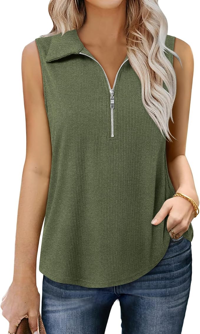 Vivilli Womens Ribbed Tank Top Zipper V Neck Dressy Casual Blouses Sleeveless Camisole Tops Work Tank Polo Shirts
