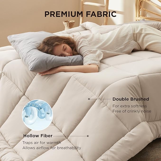 Bedsure Comforter Duvet Insert - Quilted Comforters Queen Size, All Season Duvet, GentleSoft Down Alternative Bedding, with 8 Tabs, Gifts for Women/Men, Linen, Queen 88 x 88 Inches