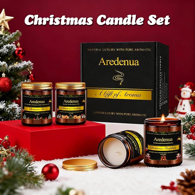 Christmas Candles Set | 4 Pack Holiday Scented Candle - 28oz Soy Candles for Home Scented - Seasonal Candle Gifts for Women and Men - Xmas Scents of Fir/Spices/Cookies/Fireplace